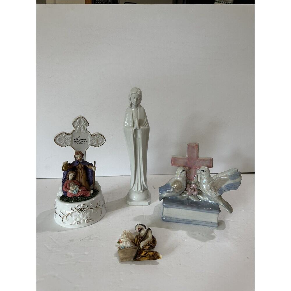 Lot Of 4 Religious Figures Praying Madonna Glazed Pigeons Joseph Mary Jesus READ
